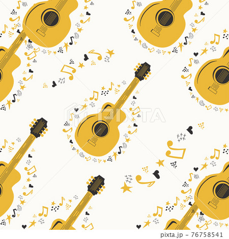 Hand-drawn musical seamless pattern with country guitar, stars, notes, symbols, objects and elements. 76758541