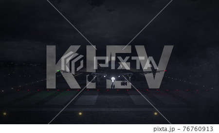 Airliner taking off from the airport runway and KIEV city name, 3d rendering 76760913