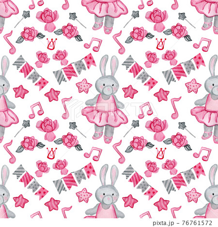 Hand drawn watercolor kid's pattern with bunny toy, dress, Pink accent.Children background 76761572
