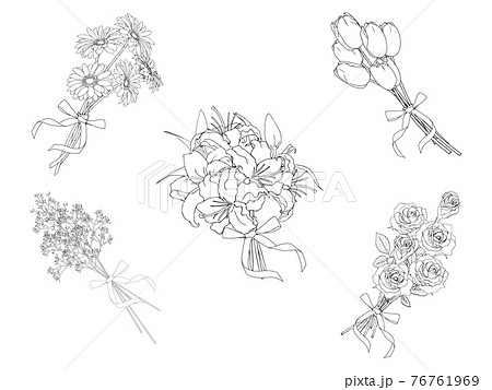 花束のセットの線画 ゆり バラ チューリップ ガーベラ かすみ草 のイラスト素材