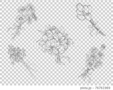 花束のセットの線画(ゆり、バラ、チューリップ,ガーベラ,かすみ草) 花束のセットの線画(ゆり、バラ、チューリップ,ガーベラ,かすみ草) 76761969
