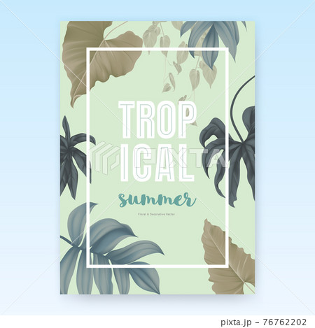 Summer poster template design, tropical green leaves on light green background, pastel vintage style 76762202