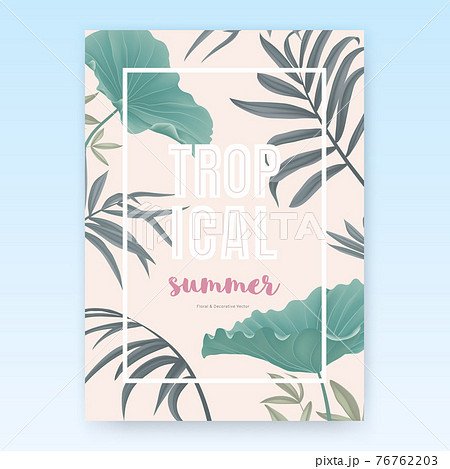 Summer poster template design, tropical green leaves on light pink background, pastel vintage style Summer poster template design, tropical green leaves on light pink background, pastel vintage style 76762203
