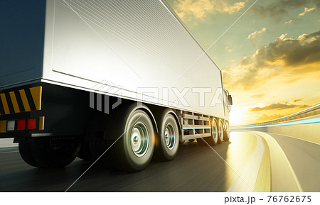 Rear angle view of delivery truck run on the road 76762675