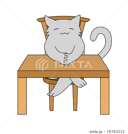 木の椅子に座る灰色の猫と木の机のイラスト素材