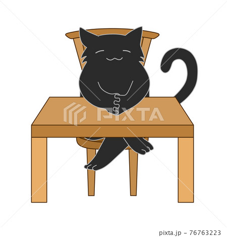 木の椅子に座る黒色の猫と木の机のイラスト素材