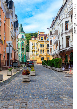 Colorful houses of Vozdvizhenka elite district in Kiev, Ukraine 76763455