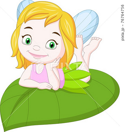Cartoon funny little fairy on green leaf 76764756