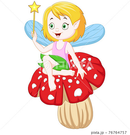Cartoon little fairy sitting on a mushroom 76764757