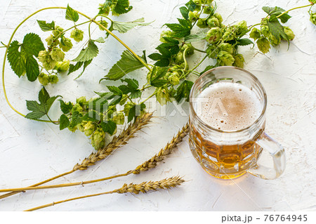 Glass of beer with ears of barley on a wooden background. Glass of beer with ears of barley on a wooden background. 76764945