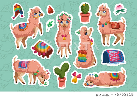 Set of stickers with Llama, Peru alpaca animal Set of stickers with Llama, Peru alpaca animal 76765219