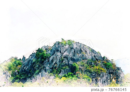 Abstract color mountain peak and tree watercolor illustration painting background. Abstract color mountain peak and tree watercolor illustration painting background. 76766145