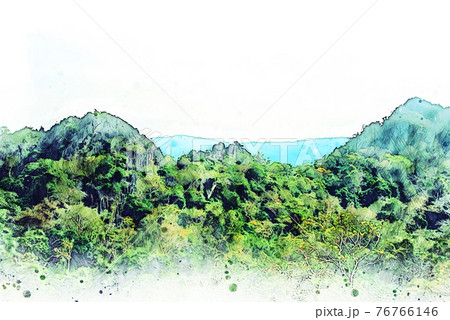 Abstract color mountain peak and tree watercolor illustration painting background. Abstract color mountain peak and tree watercolor illustration painting background. 76766146