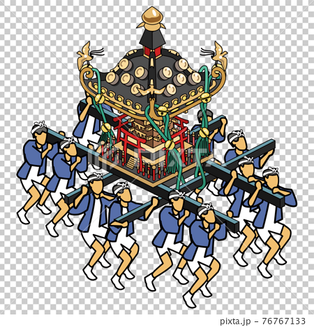 浅草神社の三社祭-青い法被の男たちが担ぐ 76767133