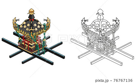 浅草神社の三社祭 カラーと白黒の神輿のイラスト素材