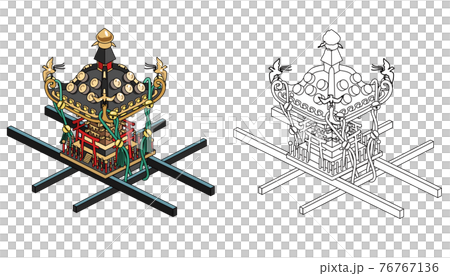 浅草神社の三社祭 カラーと白黒の神輿のイラスト素材