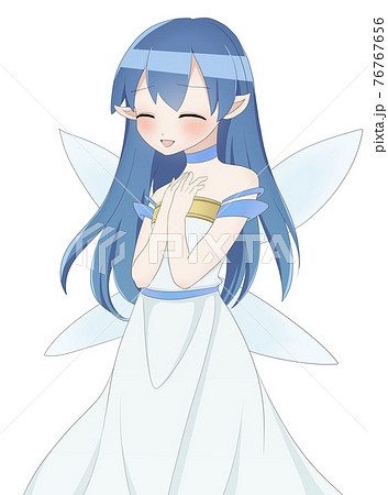 妖精のイラスト 青 照れ笑いのイラスト素材