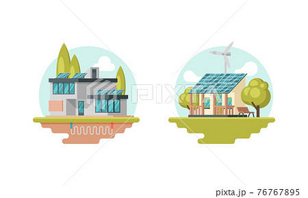 Solar Battery and Wind Turbine Providing Residential House with Electricity Vector Set 76767895