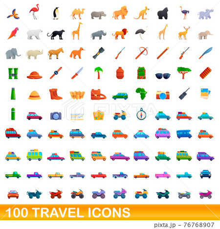 100 travel icons set, cartoon style 76768907