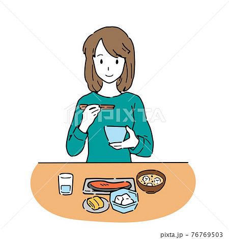 栄養バランスのとれた食事をする女性のイラストのイラスト素材 栄養バランスのとれた食事をする女性のイラストのイラスト素材