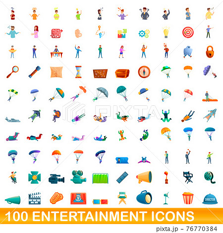 100 entertainment icons set, cartoon style 76770384