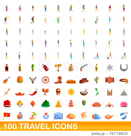 100 travel icons set, cartoon style 76770620