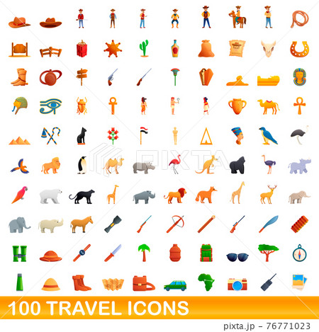 100 travel icons set, cartoon style 76771023