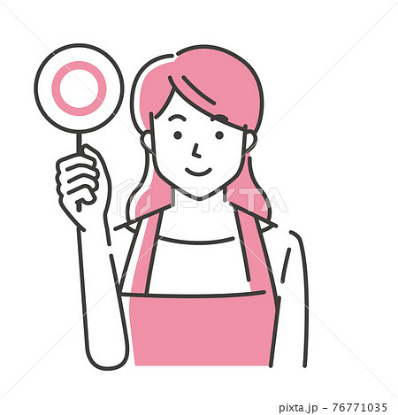 マルを出すエプロン姿の若い女性のイラスト素材 マルを出すエプロン姿の若い女性のイラスト素材