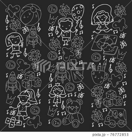 Kindergarten pattern with little children and toys. Creativity and imagination. 76772853