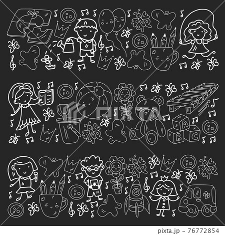 Kindergarten pattern with little children and toys. Creativity and imagination. 76772854
