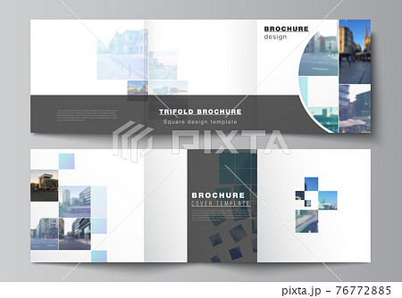 Vector layout of square format covers templates for trifold brochure, flyer, magazine, cover design, book design, brochure cover. Abstract design project in geometric style with blue squares. 76772885