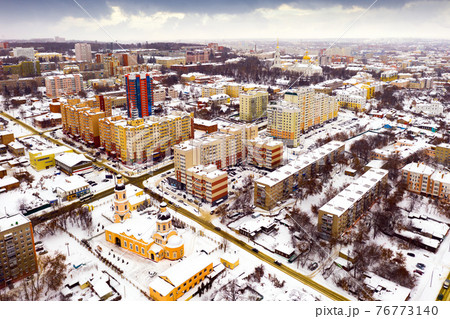 View from drone of snow covered Penza cityscape with Intercession Cathedral View from drone of snow covered Penza cityscape with Intercession Cathedral 76773140