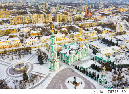 View from drone of Tambov Transfiguration Cathedral on winter day View from drone of Tambov Transfiguration Cathedral on winter day 76773189