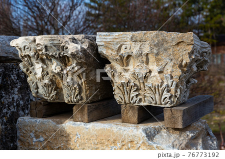 Antique sculptures fragments at archaeological site of Aizanoi, Turkey 76773192