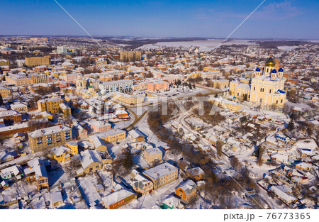 Aerial view of the Ascension Cathedral and residential areas in winter in Yelets Aerial view of the Ascension Cathedral and residential areas in winter in Yelets 76773365