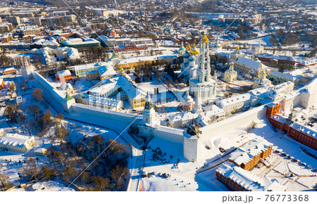 View from the drone of the Trinity-Sergius Lavra and residential quarters of the city of Sergiev Posad. View from the drone of the Trinity-Sergius Lavra and residential quarters of the city of Sergiev Posad. 76773368