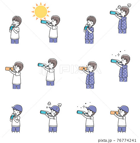 水分補給をする男の子 いろいろのイラスト素材