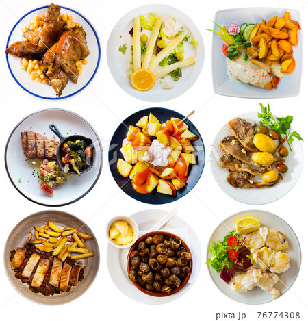 Dishes of Spanish cuisine isolated on white Dishes of Spanish cuisine isolated on white 76774308