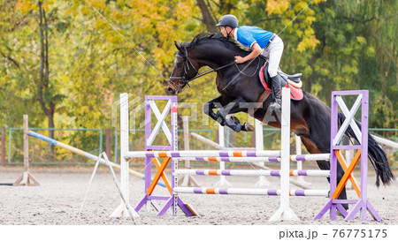 Young man jumps a horse on show jumping event 76775175