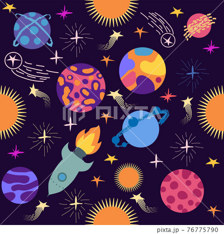 Seamless space pattern. Planets, rockets and stars. Cartoon spaceship icons. Kid's elements for scrap-booking. Seamless space pattern. Planets, rockets and stars. Cartoon spaceship icons. Kid's elements for scrap-booking. 76775790