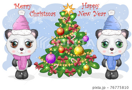 Couple of cute cartoon panda bear with big eyes in a scarf and hat near the Christmas tree, boy and girl, greeting card 76775810