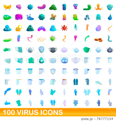 100 virus icons set, cartoon style 76777134