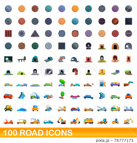 100 road icons set, cartoon style 76777173