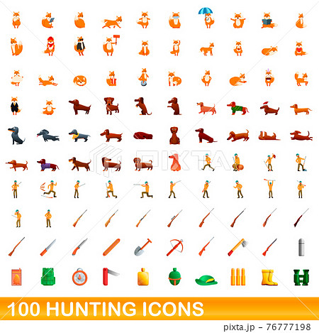 100 hunting icons set, cartoon style 76777198