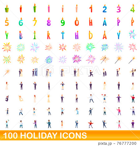 100 holiday icons set, cartoon style 76777200