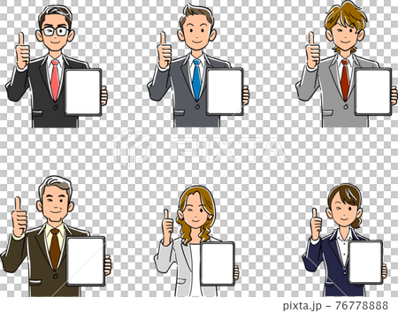 Men and women in suits holding tablet PCs and thumbs up Men and women in suits holding tablet PCs and thumbs up 76778888