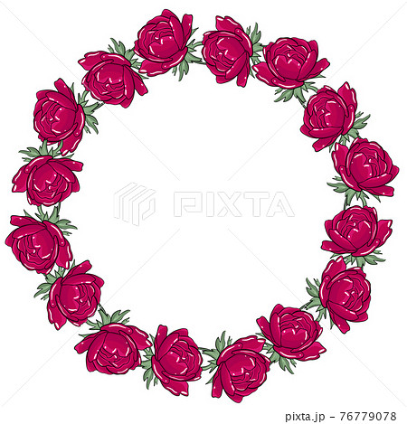 Circular frame with peonies. Bright burgundy peonies in a circle. Template for postcards and invitations. Vector. Blooming rim. Circular frame with peonies. Bright burgundy peonies in a circle. Template for postcards and invitations. Vector. Blooming rim. 76779078