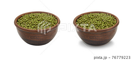 mung beans in clay bowl on white background, isolated and with shadow 76779223