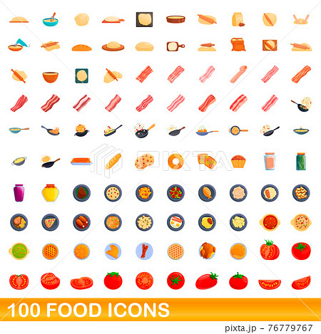 100 food icons set, cartoon style 76779767