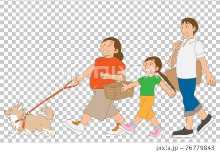 犬と散歩を楽しむ仲良し家族のイラスト素材
